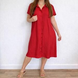 Caran New York Red Button Front Midi Dress Short Sleeve Sz 2X